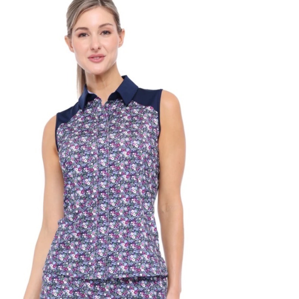 Belyn Key Keystone Sleeveless Golf Polo Katherine Floral Navy Purple Women XS